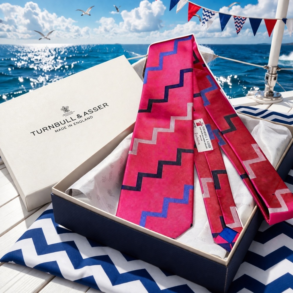 🎁T&A HOLIDAY 26’🎁🆕💯RARE TURNBULL & ASSER FUSHIA CHEVRON ZIG ZAG MOTIF TIE✨HOT🔥